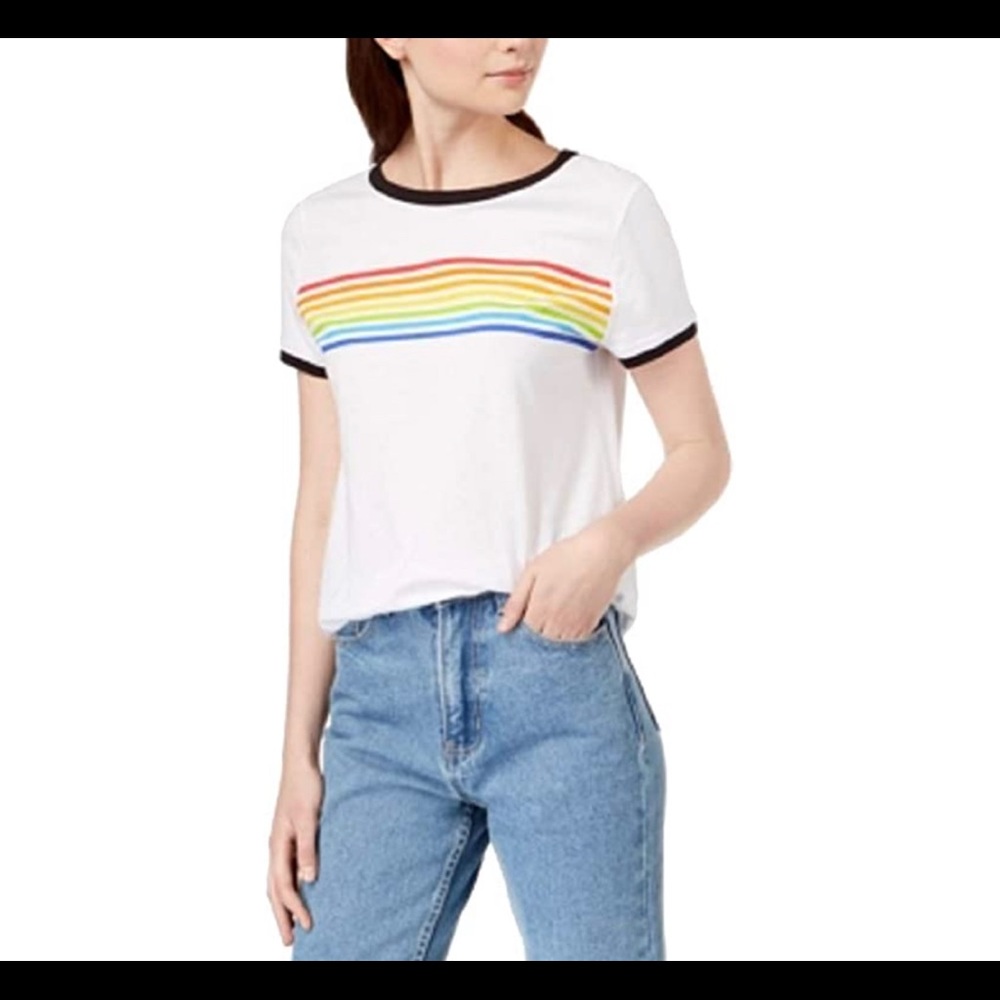 White rainbow colored striped shirt